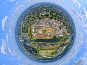 Industrial area Heerstraße Crange at the Rhine-Herne Canal and motorway A42, globe, fisheye image,