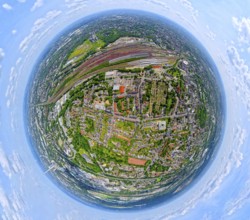 Deutsche Bahn AG freight station and main station Wanne-Eickel, cemetery Wanne-Mitte, earth globe,
