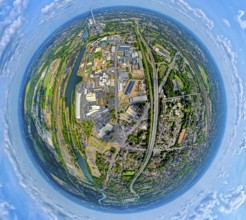 Industrial area Heerstraße Crange at the Rhine-Herne Canal and motorway A42, globe, fisheye image,