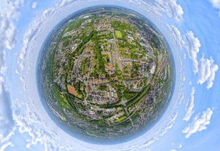 Residential area local view Herne-Eickel at Schlachthofstraße, earth globe, fisheye shot, 360