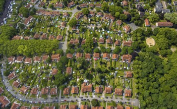 Aerial view, miners' housing estate Teutoburgia with red roofs, houses and gardens, Börnig, Herne,