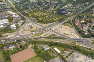 Aerial view, large construction site motorway junction Herne with tunnel construction, motorway A43
