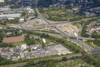 Aerial view, large construction site motorway junction Herne with tunnel construction, motorway A43