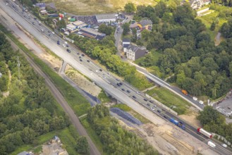 Aerial view, large construction site motorway junction Herne with tunnel construction, motorway A43