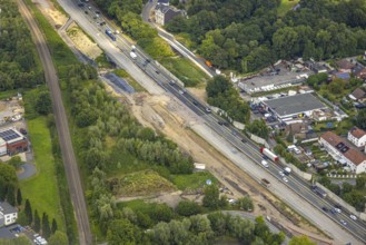 Aerial view, large construction site motorway junction Herne with tunnel construction, motorway A43
