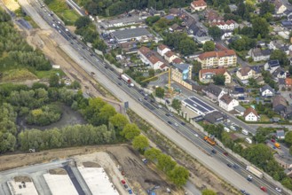 Aerial view, large construction site motorway junction Herne with tunnel construction, motorway A43