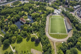Aerial view, Strünkede Castle moated castle with moat and castle park and Edeka Koch sports park