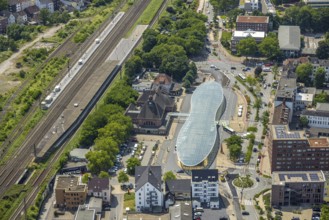 Aerial view, bus station with futuristic roof at Konrad-Adenauer-Platz, Herne main station, Baukau,