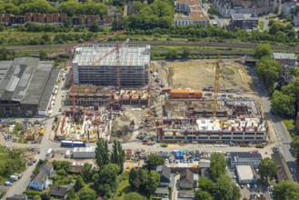 Aerial view, construction site and demolition work for new FunkenbergQuartier between Baumstraße