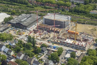 Aerial view, construction site and demolition work for new FunkenbergQuartier between Baumstraße