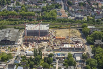 Aerial view, construction site and demolition work for new FunkenbergQuartier between Baumstraße