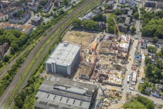 Aerial view, construction site and demolition work for new FunkenbergQuartier between Baumstraße