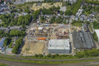 Aerial view, construction site and demolition work for new FunkenbergQuartier between Baumstraße