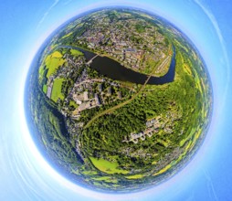 Aerial view, view of Kettwig district and Ruhr river with Kettwig reservoir, Kettwig railway