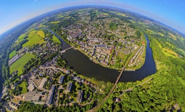 Aerial view, view of Kettwig district and Ruhr river with Kettwig reservoir, Kettwig railway