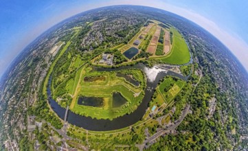 Aerial view, waterworks Wassergewinnung Essen GmbH on the river Ruhr with Ruhrbogen Überruhr, earth