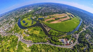 Aerial view, waterworks Wassergewinnung Essen GmbH on the river Ruhr with Ruhrbogen Überruhr, earth