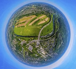 Aerial view, waterworks Wassergewinnung Essen GmbH on the river Ruhr with Ruhrbogen Überruhr, earth