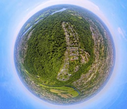 Aerial view, Schellenberg forest with housing estate, earth globe, fisheye image, 360 degree image,