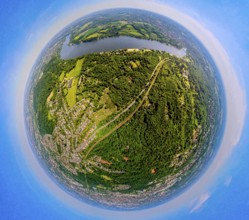 Aerial view, city forest between motorway A52 and Lake Baldeney, railway line and local recreation