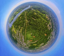 Aerial view, city forest between motorway A52 and Lake Baldeney, railway line and local recreation