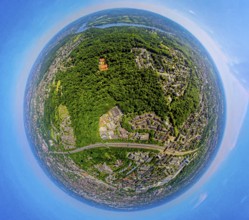 Aerial view, city forest between motorway A52 and Lake Baldeney, local recreation area, earth