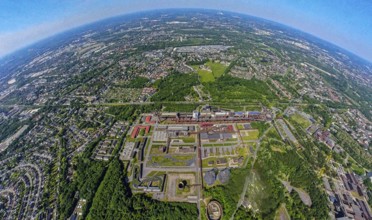 Aerial view, coking plant Zeche Zollverein, UNESCO World Heritage Site, earth globe, fisheye image,