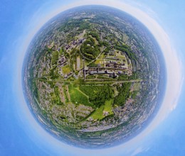 Aerial view, coking plant Zeche Zollverein, UNESCO World Heritage Site, earth globe, fisheye image,