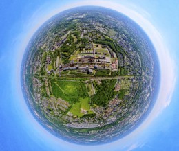 Aerial view, coking plant Zeche Zollverein, UNESCO World Heritage Site, earth globe, fisheye image,