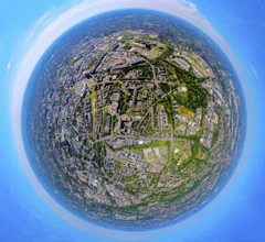 Aerial view, University of Duisburg-Essen UDE in the city centre, earth globe, fisheye image, 360