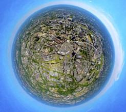 Aerial view, business district city and shopping centre Limbecker Platz, globe, fisheye image, 360