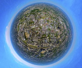 Aerial view, business district city and shopping centre Limbecker Platz, globe, fisheye image, 360
