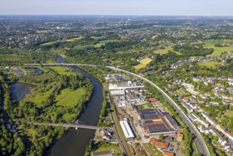 Aerial view, Kupferdreher Straße industrial estate on the Ruhr river with Kampmannbrücke bridge and