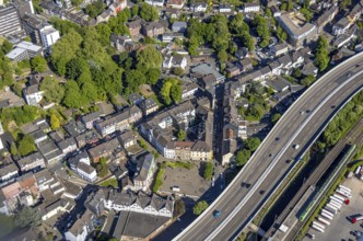 Aerial view, Kupferdreh S-Bahn station, residential area and Kupferdreher Markt on the A44