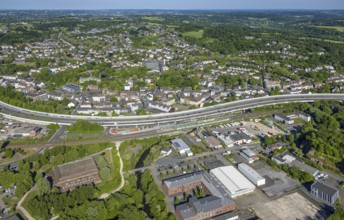 Aerial view, Kupferdreh S-Bahn station, residential area and Kupferdreher Markt on the A44