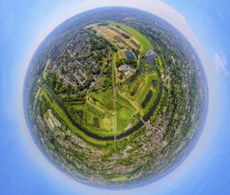 Aerial view, waterworks Wassergewinnung Essen GmbH on the river Ruhr with Ruhrbogen Überruhr, earth