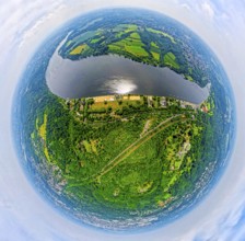 Aerial view, Lake Baldeney with Seaside Beach lido and city forest, Villa Hügel on the right,