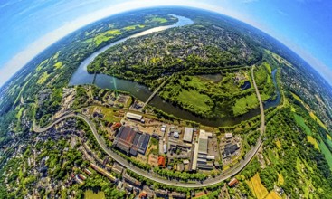 Aerial view, district Kupferdreh with industrial area, river Ruhr and Heisinger Bogen, motorway A40