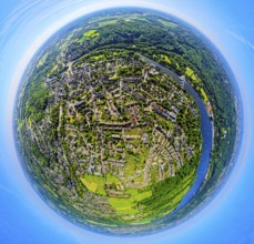 Aerial view, view of Werden district on the Ruhr river, earth globe, fisheye image, 360 degree