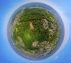 Aerial view, city forest between motorway A52 and Lake Baldeney, local recreation area, earth