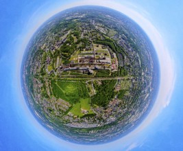 Aerial view, coking plant Zeche Zollverein, UNESCO World Heritage Site, earth globe, fisheye image,