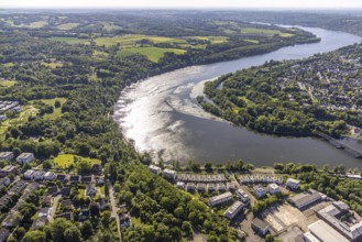 Aerial view, river Ruhr with bird sanctuary Heisinger Bogen, below new housing estate Am Seebogen,