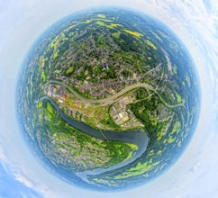 Aerial view, district Kupferdreh and motorway A44, below river Ruhr with bird sanctuary Heisinger