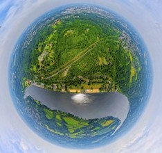 Aerial view, Lake Baldeney with Seaside Beach lido and city forest, Villa Hügel on the left, globe,