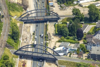 Aerial view, railway track over railway tracks, two railway bridges over the A42 motorway in the