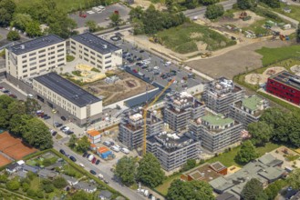 Aerial view, Kaiserquartier Herne, shopping centre and construction site with new construction of a