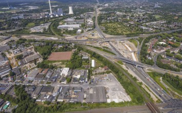 Aerial view, large construction site motorway junction Herne with tunnel construction, motorway A43