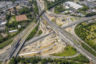 Aerial view, large construction site motorway junction Herne with tunnel construction, motorway A43