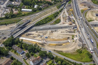 Aerial view, large construction site motorway junction Herne with tunnel construction, motorway A43