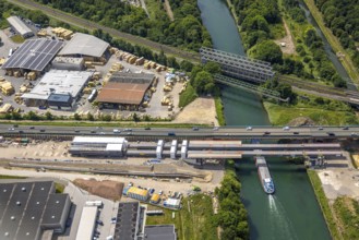 Aerial view, construction site with new construction, railway bridge Emscherbrücke Rollbahn,